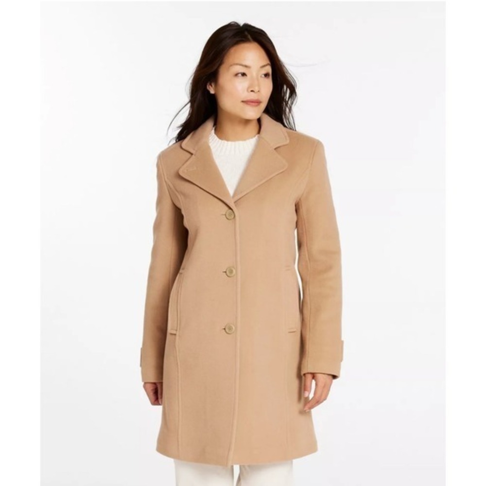 LL Bean Lambswool Polo Coat Women 1X 14 Camel Long Pea Wool Classic Thinsulate